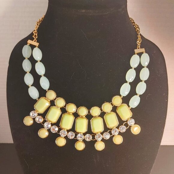 Blubrebar Gold Tone Green Aqua Statement Necklace Beaded Resin Rhinestones - Picture 1 of 8